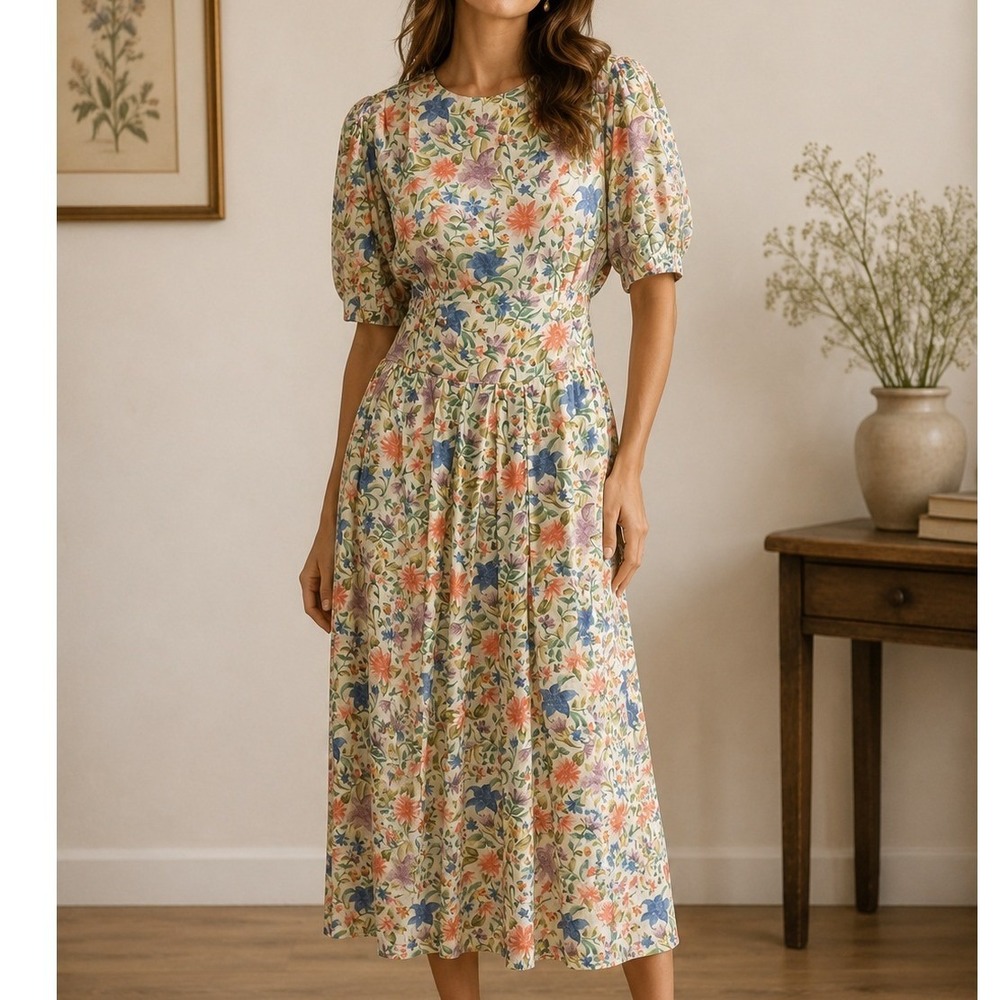 Vintage 80s 90s Floral Midi Dress Puff Sleeve Cottagecore Garden Party Prairie M